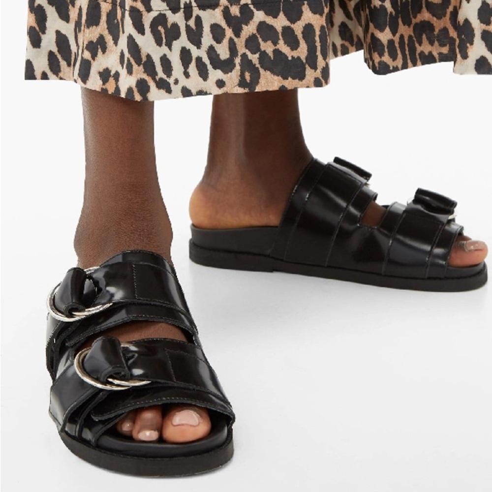 Ganni Double Strap Patent Leather Slides Womens Black size 6